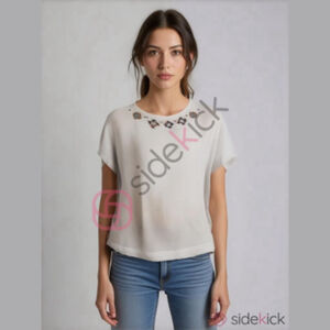 Women's New York T-Shirt M White Geometric Embroidery